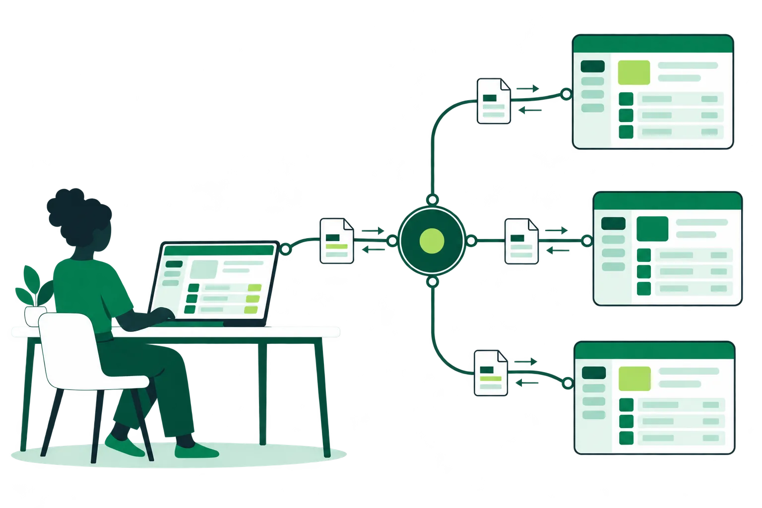 Een ondernemer wisselt via een digitaal netwerk e-facturen uit tussen verschillende boekhoudprogramma’s.